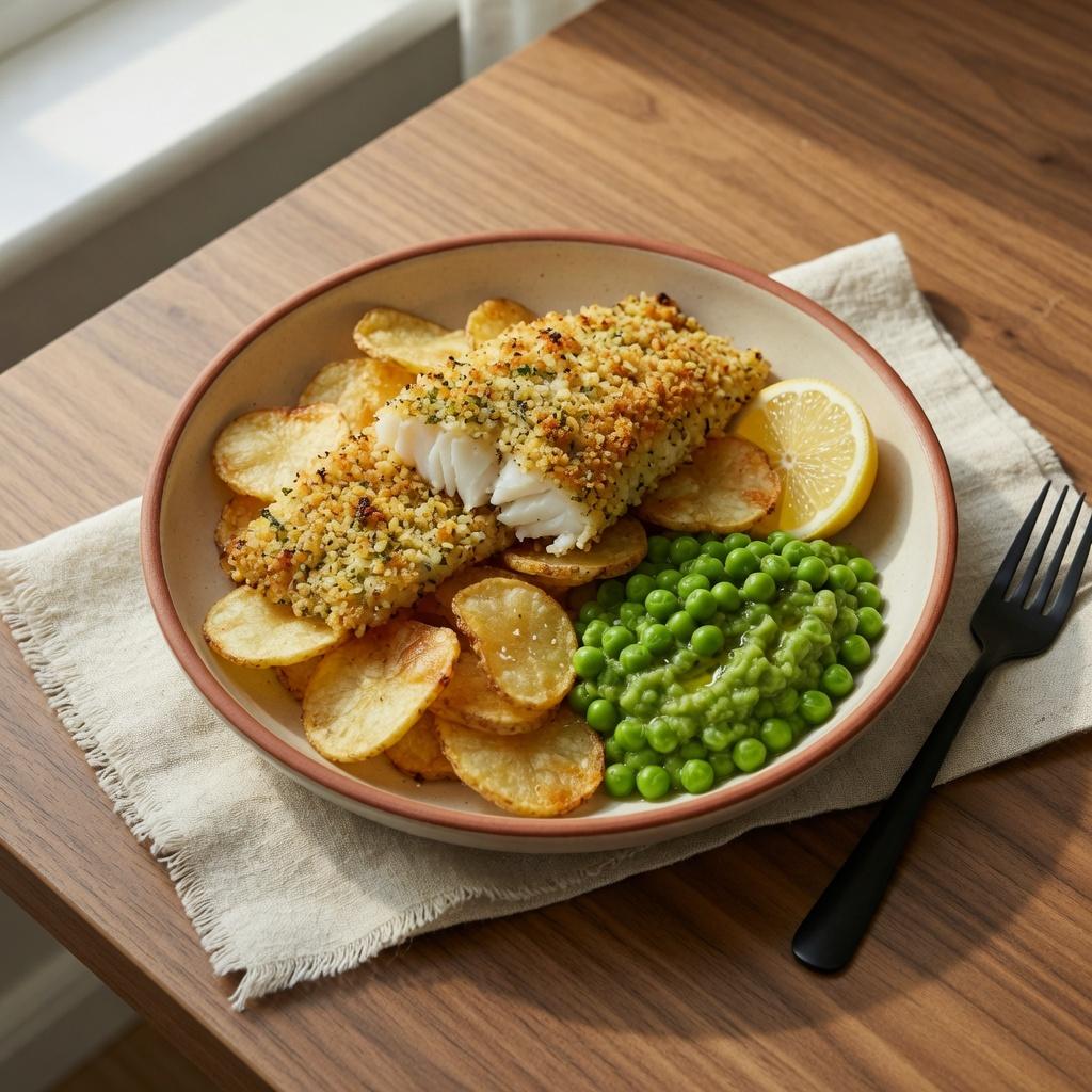 Baked Fish and Chips with Peas — production recipe image