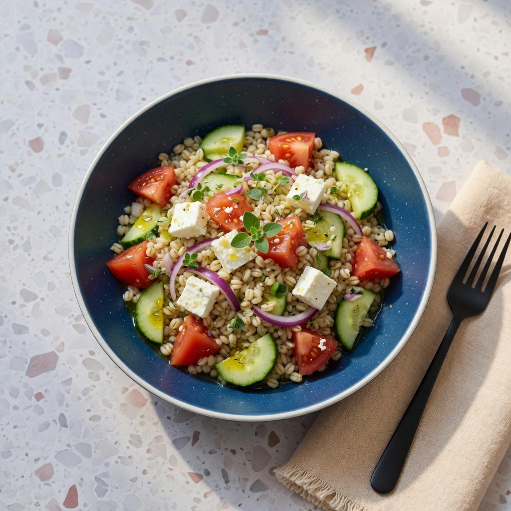 Greek Barley Cucumber Feta Salad — production recipe image