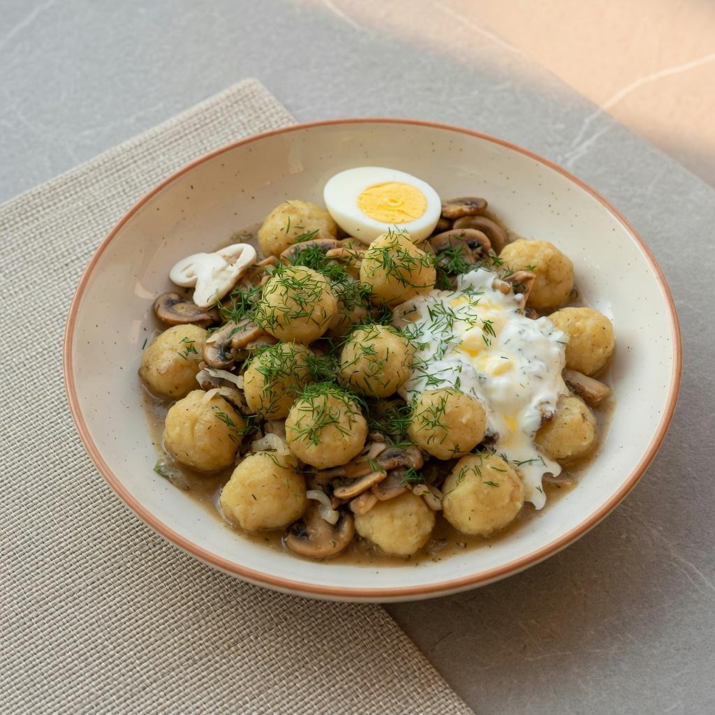 Lithuanian Potato Mushroom Dumpling Bowls — production recipe image