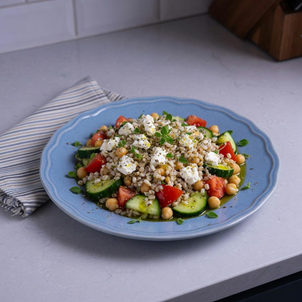 Greek Barley Feta Cucumber Salad — production recipe image